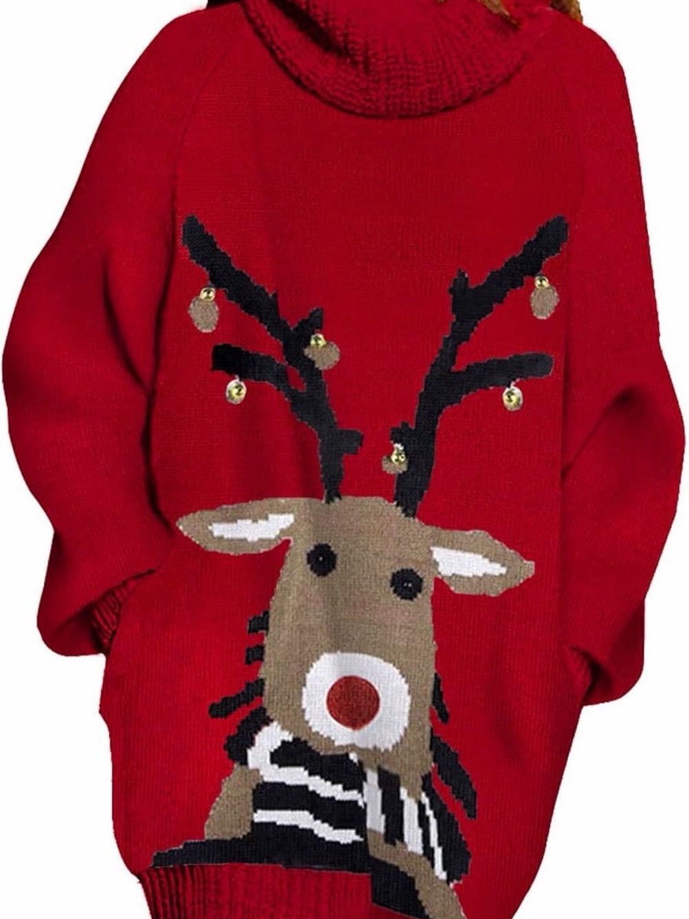 Cozy Red Reindeer Knit Long Sleeve Dress